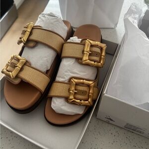 SCHUTZ Enola Natural Sporty Slide Sandals Women's Gold Buckle Sandals Size 8.5